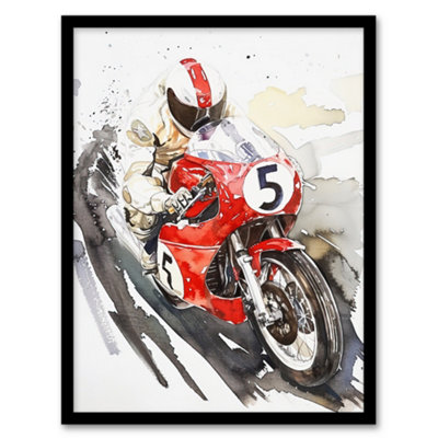Artery8 Framed Wall Art Red Motorcycle Race Sport Event Watercolour12X16 Inch from B&Q