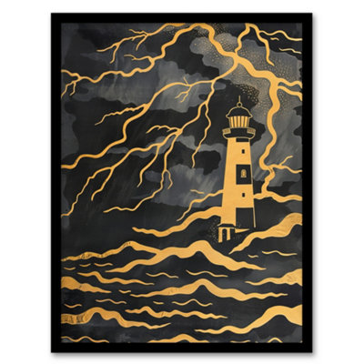 Artery8 Lighthouse Lightning Storm Gold Contrast Painting Wall Art PrintA4 Size from B&Q