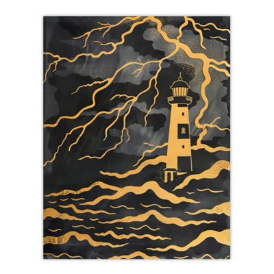 Artery8 Unframed Wall Art Lighthouse Lightning Storm Gold Contrast Painting12X16 Inch from B&Q