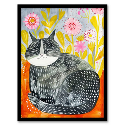 Artery8 Framed Wall Art Happy Maine With Flowers Cat Lover Folk12X16 Inch from B&Q