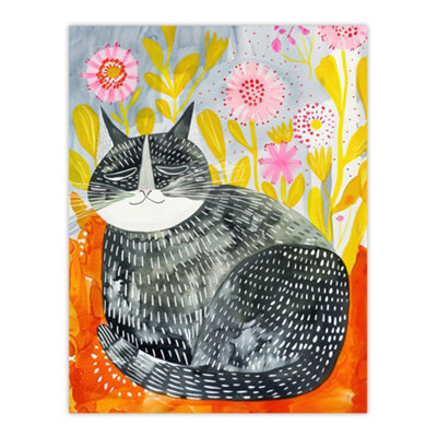 Artery8 Unframed Wall Art Happy Mainecoon With Flowers Cat Lover Folk12X16 Inch from B&Q