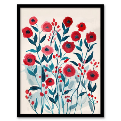 Artery8 Framed Wall Art Poppy Flowers Red Teal Bright Floral Watercolour12X16 Inch from B&Q