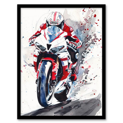 Artery8 Framed Wall Art Superbike Motorcycle Rider Race Sport Watercolour12X16 Inch from B&Q