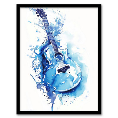 Artery8 Framed Wall Art Abstract Music Guitar Blue Watercolour Splat12X16 Inch from B&Q