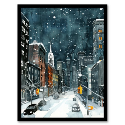 Artery8 New York City Street Winter Night Snow Cityscape Wall Art PrintA4 Size from B&Q