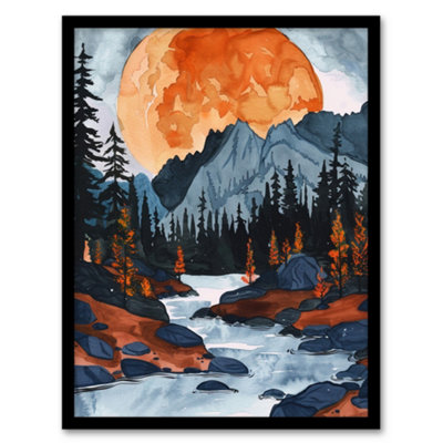 Artery8 Orange Harvest Moon Over Rocky Mountains Forest Wall Art PrintA4 Size from B&Q