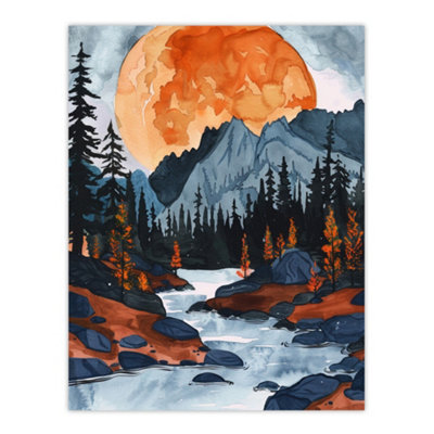 Artery8 Unframed Wall Art Orange Harvest Moon Over Rocky Mountains Forest12X16 Inch from B&Q