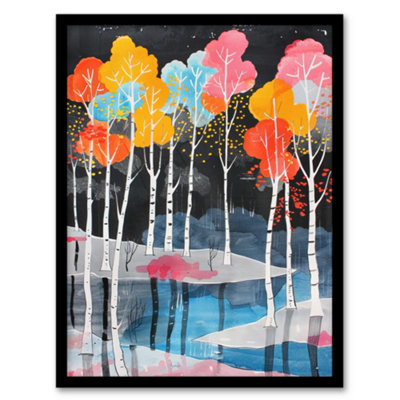 Artery8 Framed Wall Art Colourful Birch Trees River Landscape Painting12X16 Inch from B&Q