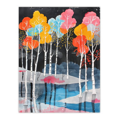 Artery8 Unframed Wall Art Colourful Birch Trees River Landscape Painting12X16 Inch from B&Q