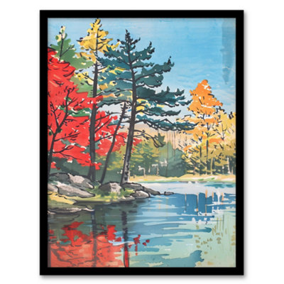 Artery8 Lake Forest Colourful Trees Japanese Woodblock Wall Art PrintA4 Size from B&Q