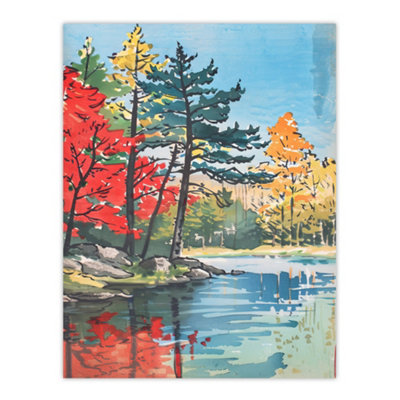 Artery8 Unframed Wall Art Lake Forest Colourful Trees Japanese Woodblock12X16 Inch from B&Q