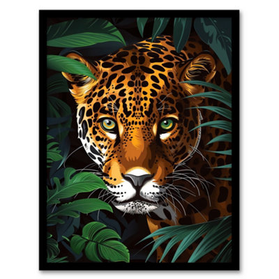 B&Q -  Powerful Jaguar Lurking In Jungle Plants Painting Wall Art PrintA4 Size