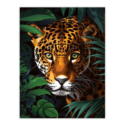 B&Q -  Unframed Wall Art Powerful Jaguar Lurking In Jungle Plants Painting12X16 Inch