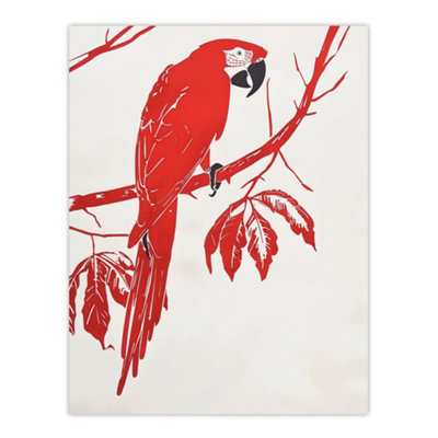 B&Q -  Unframed Wall Art Red Scarlet Macaw Parrot Bird On Tree Branch12X16 Inch
