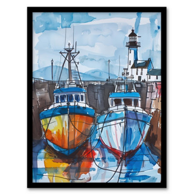 B&Q -  Framed Wall Art Scottish Harbour Fishing Boats And Lighthouse12X16 Inch