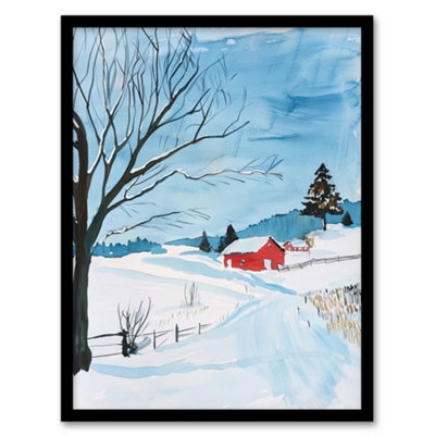 Artery8 Framed Wall Art Red Swedish Cottage In Winter Snow Countryside12X16 Inch from B&Q