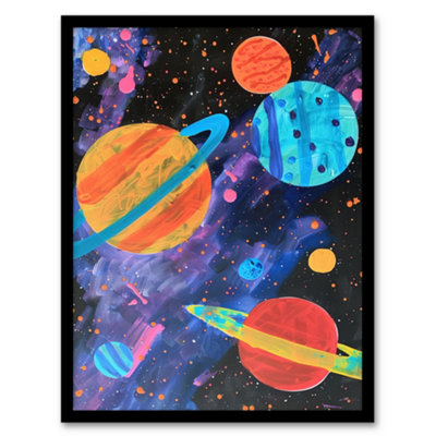 Artery8 Framed Wall Art Space Planets And Stars Colourful Child Painting12X16 Inch from B&Q