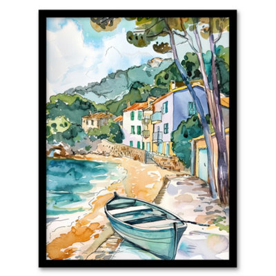 Artery8 Costa Brava Seaside Shore Boat Spain Watercolour Wall Art PrintA4 Size from B&Q