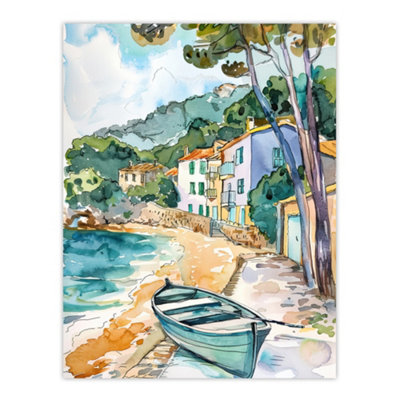Artery8 Unframed Wall Art Costa Brava Seaside Shore Boat Spain Watercolour12X16 Inch from B&Q
