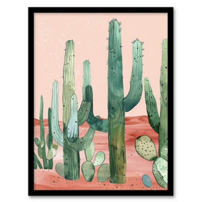 Artery8 Saguaro Cactus Pink Mexican Desert Landscape Wall Art PrintA4 Size from B&Q