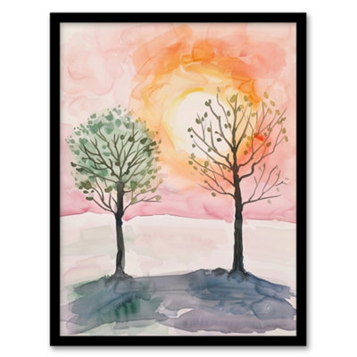 Artery8 Framed Wall Art Two Summer Trees In Pink Orange Sunset Landscape12X16 Inch from B&Q