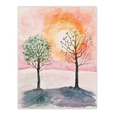 Artery8 Unframed Wall Art Two Summer Trees In Pink Orange Sunset Landscape12X16 Inch from B&Q