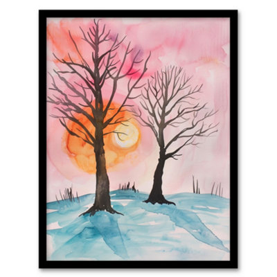 Artery8 Framed Wall Art Two Trees Misty Sunset Winter Snow Landscape12X16 Inch from B&Q