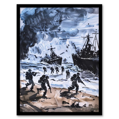 Artery8 Framed Wall Art D Day Normandy Landing 1944 Wwii Watercolour12X16 Inch from B&Q