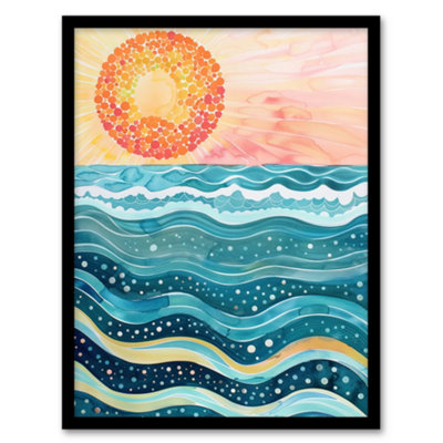 Artery8 Sun Rising Over Sea Waves Blue Orange Folk Wall Art Wall Art PrintA4 Size from B&Q