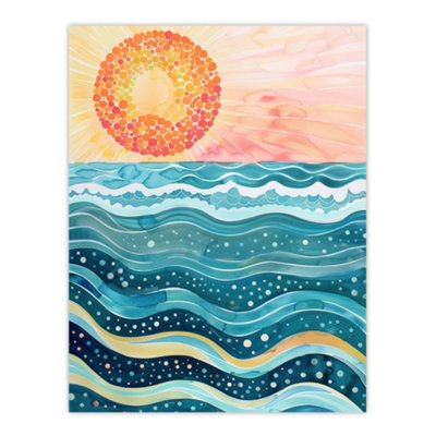 B&Q -  Unframed Wall Art Sun Rising Over Sea Waves Blue Orange Folk12X16 Inch