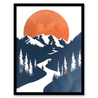 Artery8 Orange Full Moon Over Blue Mountain Hiking Trail Wall Art PrintA4 Size from B&Q