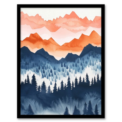 Artery8 Misty Patagonia Forest Orange Blue Watercolour Wall Art PrintA4 Size from B&Q