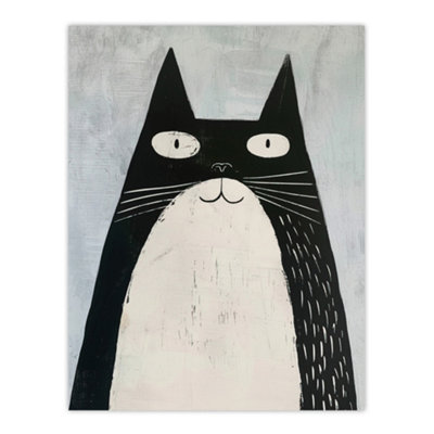 B&Q -  Unframed Wall Art Cute Black White Tuxedo Cat Lover Pet Painting12X16 Inch