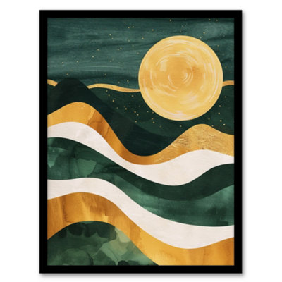 Artery8 Full Moon Over Mountains Green Gold Boho Abstract Wall Art PrintA4 Size from B&Q