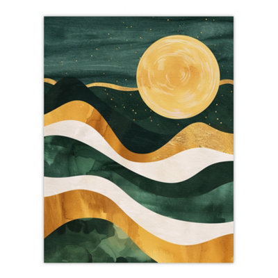 Artery8 Unframed Wall Art Full Moon Over Mountains Green Gold Boho Abstract12X16 Inch from B&Q