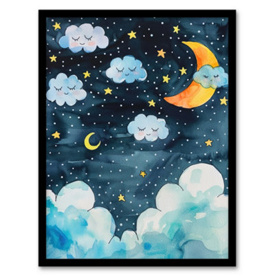 Artery8 Cute Night Sky Stars Moon And Sleeping Clouds Wall Art PrintA4 Size from B&Q