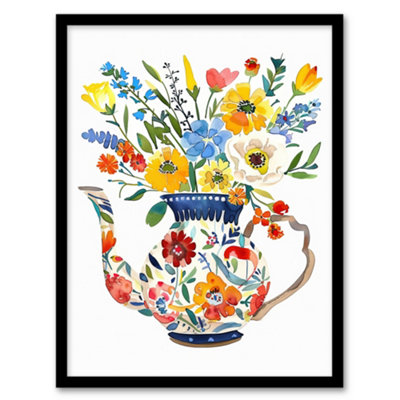 Artery8 Framed Wall Art Colourful Flower Bouquet In Floral Teapot Vase Print12X16 Inch from B&Q