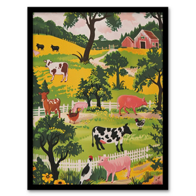 Artery8 Cute Farm Animals Cow Pig Chickens Painting Wall Art PrintA4 Size from B&Q