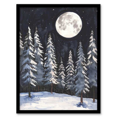 Artery8 Framed Wall Art Full Moon Over Winter Forest Landscape Snowy Trees Print12X16 Inch from B&Q