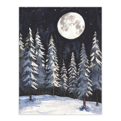 Artery8 Unframed Wall Art Full Moon Over Winter Forest Landscape Snowy Trees12X16 Inch from B&Q