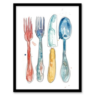 Artery8 Cutlery Fork Spoon Bright Happy Watercolour Wall Art PrintA4 Size from B&Q