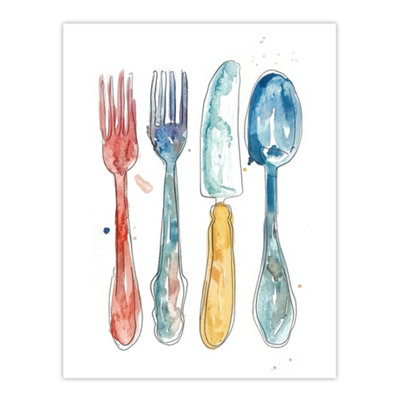 Artery8 Unframed Wall Art Cutlery Bright Happy Kitchen Decor Watercolour12X16 Inch from B&Q