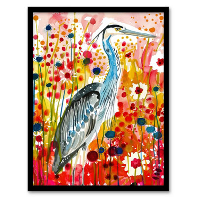 B&Q -  Heron Bird In Colourful Abstract Flower Field Wall Art PrintA4 Size
