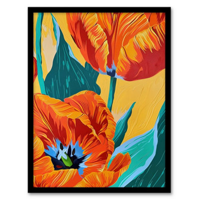Artery8 Framed Wall Art Stylised Orange Teal Tulip Flowers Vibrant Floral Print12X16 Inch from B&Q