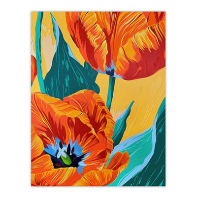 Artery8 Unframed Wall Art Stylised Orange Teal Tulip Flowers Vibrant Floral12X16 Inch from B&Q