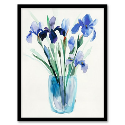 Artery8 Framed Wall Art Blue Iris Flower Bouquet Vase Floral Watercolour Print12X16 Inch from B&Q
