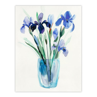 Artery8 Unframed Wall Art Blue Iris Flower Bouquet Vase Floral Watercolour12X16 Inch from B&Q