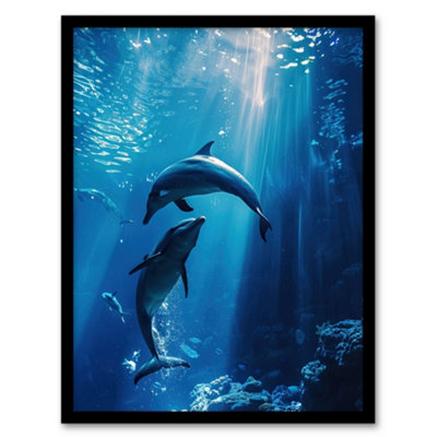Artery8 Framed Wall Art Majestic Dolphins Marine Life Underwater Seascape Print12X16 Inch from B&Q