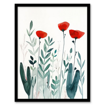 Artery8 Wild Poppy Flowers Bright Red Teal Watercolour Wall Art PrintA4 Size from B&Q