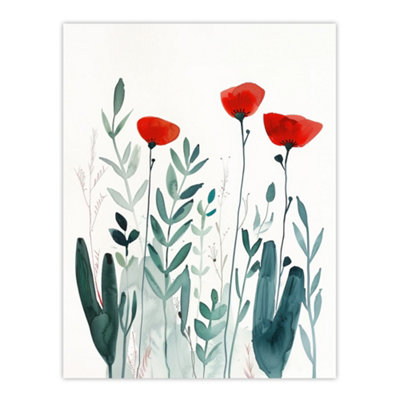 Artery8 Unframed Wall Art Wild Poppy Flowers Bright Red Teal Watercolour12X16 Inch from B&Q